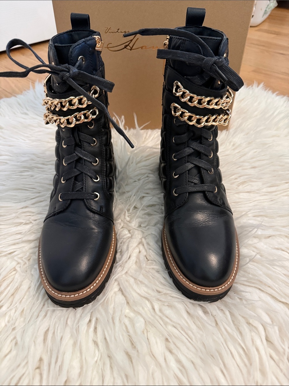 Vintage Havana Black Combat Boots with Gold Chain Detail Sz 7